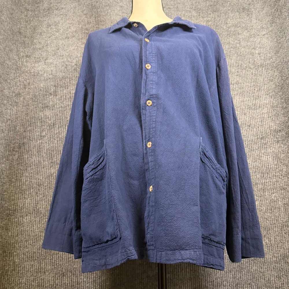 Vintage 90s Cottonseed 100% Cotton Button Up Shirt Women M Blue Lagenlook USA